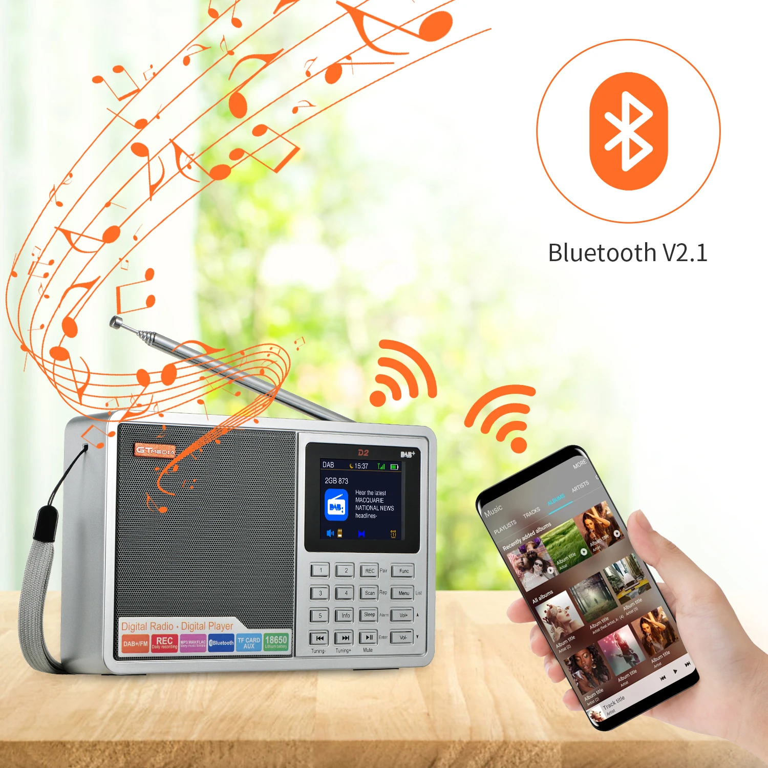 GTMEDIA D2 Radio DAB haut-parleur Bluetooth numérique AUX IN emplacement pour carte TF lecteur MP3 enregistrement horloge alarme minuterie de sommeil avec batterie 18650