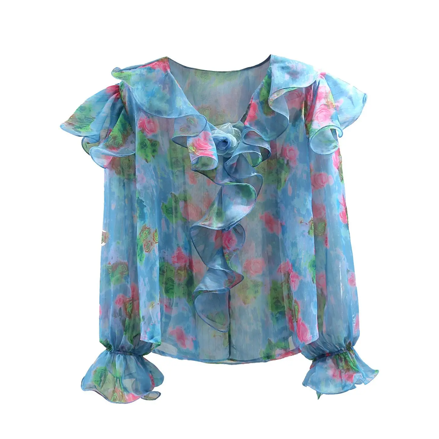 

Женская блузка с винтажным принтом, V-образным вырезом, шифоновая рубашка с цветочными оборками по краям, на весну-лето 2026, с длинными рукавами