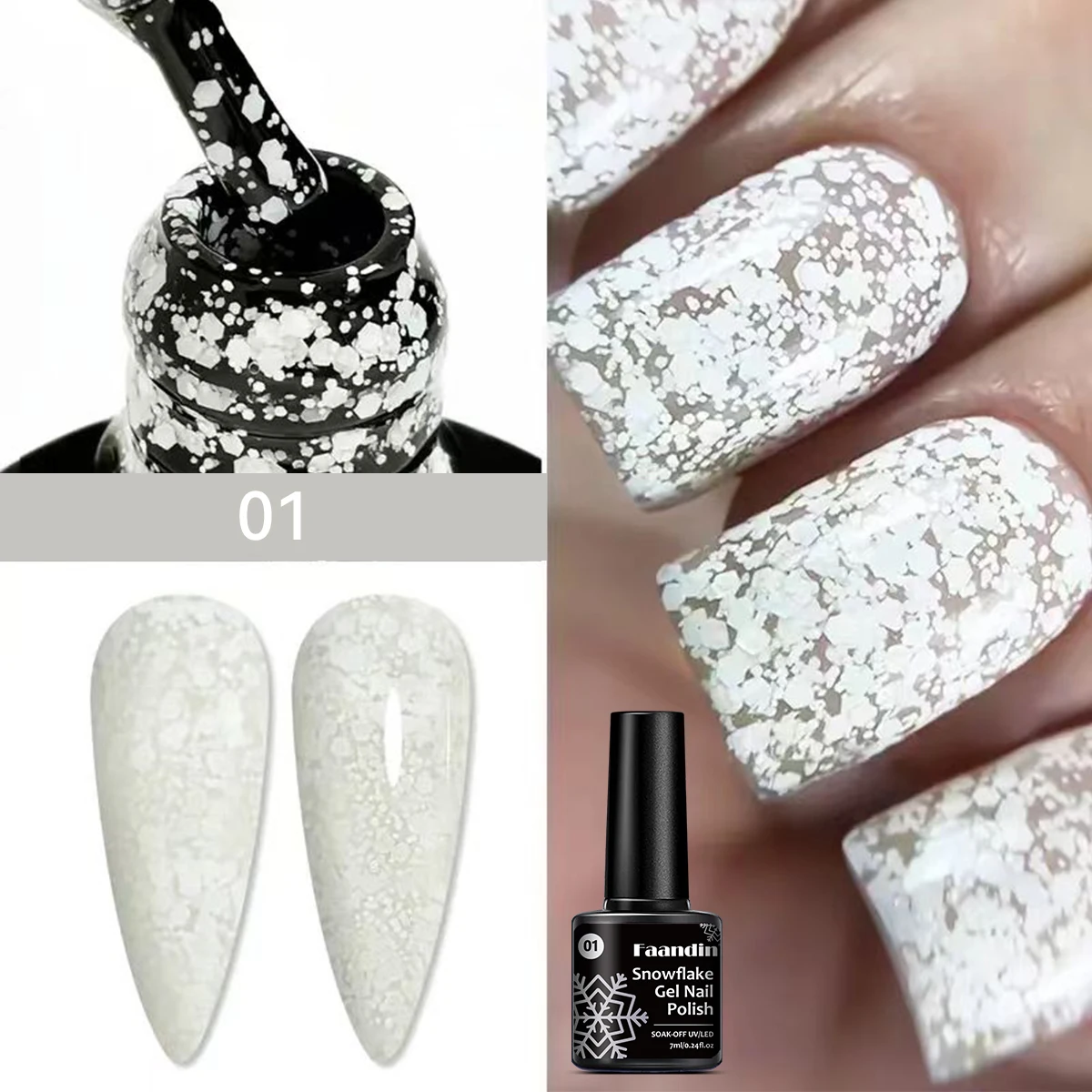 زجاجة Faandin 7 مل 1، طلاء أظافر جل لامع ندفة الثلج، نمط لامع خاص على ندفة الثلج، جل طلاء أظافر عالي الجودة، يدوم طويلاً، قوي، ليس من السهل أن يلمعها، جل طلاء الأظافر، طلاء أظافر عصري للسيدات في الصالونات بالجملة