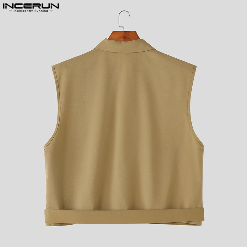 INCERUN Мужская рубашка, однотонная, без рукавов, на пуговицах, повседневные укороченные топы, мужская уличная одежда, 2021, модная мужская одежда в корейском стиле