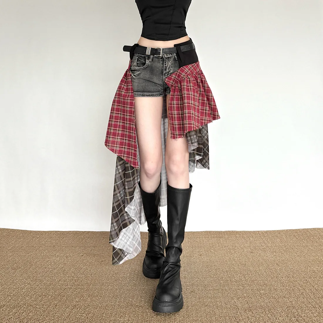 

Summer new slim fit retro checkered irregular versatile skirt for women