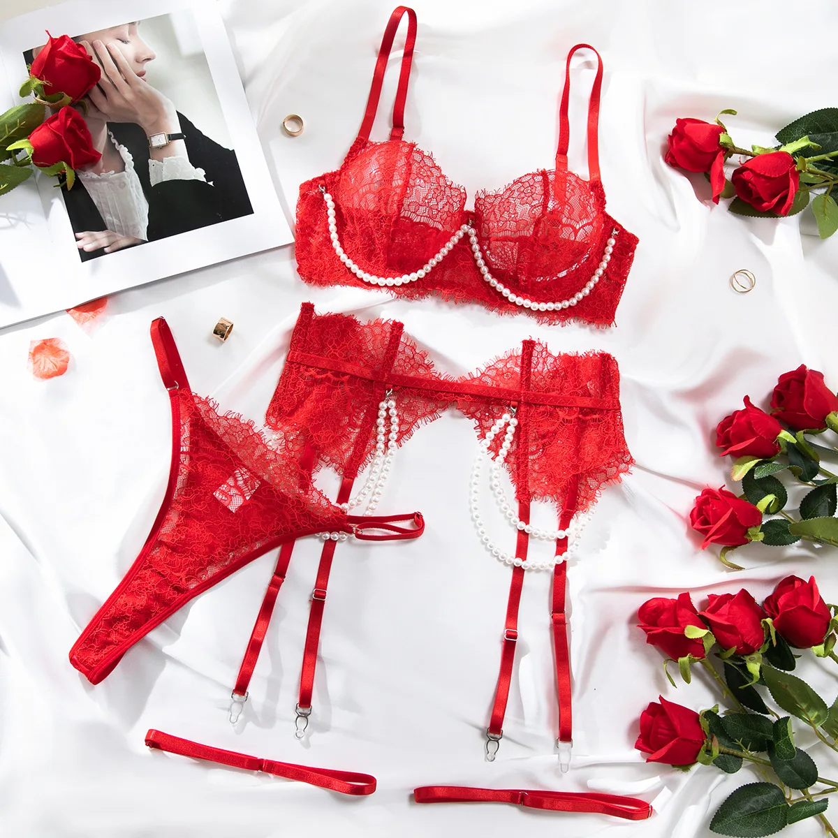 Sexy French Lace Openwork Sheer Fishbone Bra Women Detachable Pearl Design Lingerie Set Female See Through Underwear Four Pieces view 4