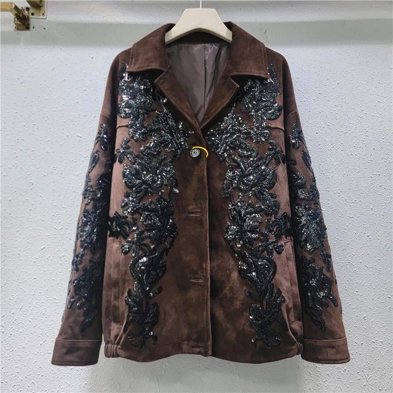 WTHT Trendy Women's Seuqins Embroidery Design Loose Suede Fabric Coat 2024 Winter New Lapel Long Sleeves Buttons Female 1LS471