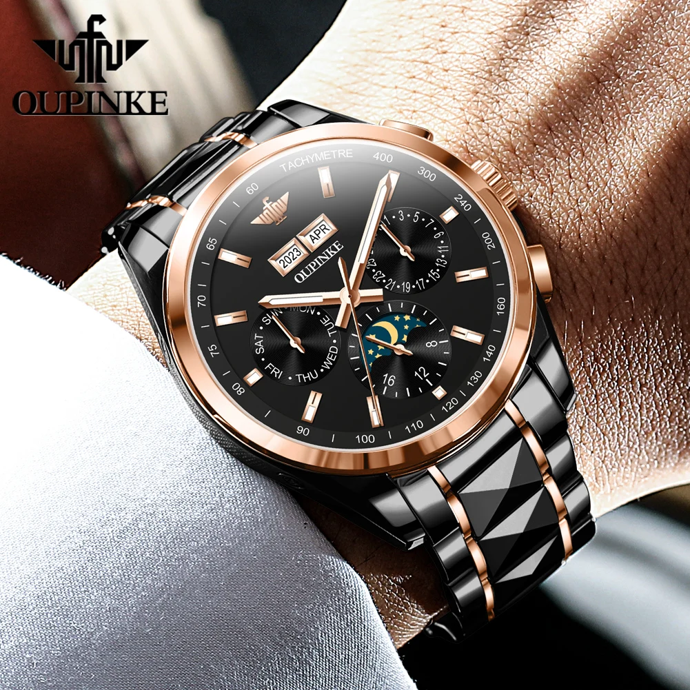 Oupinke 3238 Mondphase mechanische Uhr für Männer Luxus original wasserdichte Armbanduhr Top Marke Edelstahl Mann Uhren