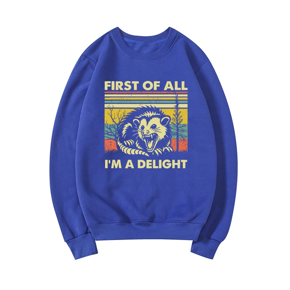First of All I'm A Delight Sweatshirt Possum Lover Gift Sarcastic Quotes Shirt Unisex Crewneck Sweatshirt Vintage Women's Hoodie