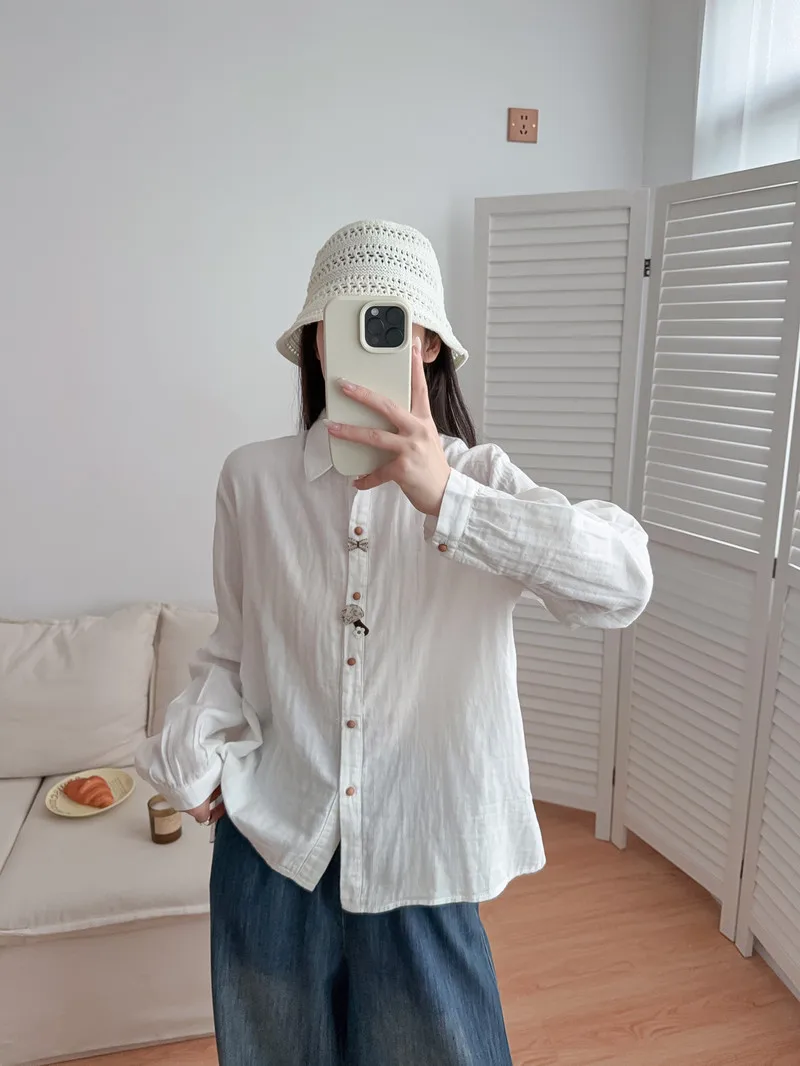 New 2025 Winter Cotton Yarn Long Sleeve Shirt, Women Turn-down Collar Embroidery, Mori Girl Age Reduction Loose Blouse T5N718CC