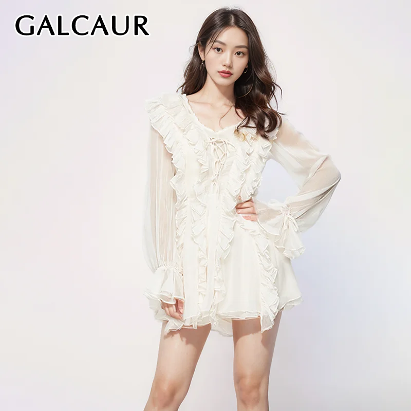 

GALCAUR Spliced Lace Up Dress For Women V Neck Long Sleeve High Waist Patchwork Ruffles Folds Minimalist Elegant Dresses Female