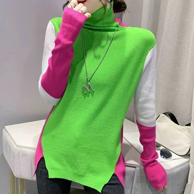 Stylish Turtleneck Knitted Spliced Loose Color Sweater Women\'s Clothing 2022 Autumn New Casual Pullovers All-match Korean Tops