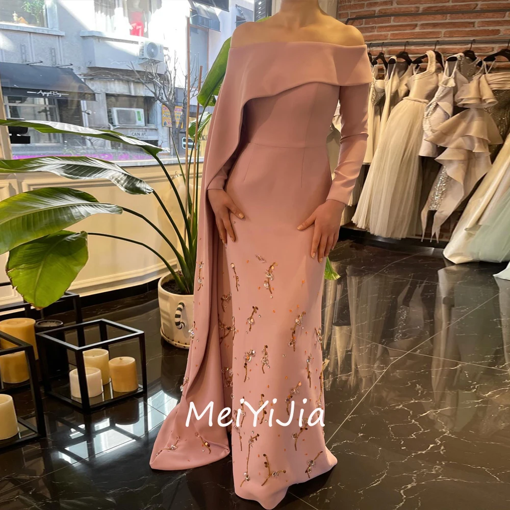 Meiyijia Evening Dress Off-the-shoulder Beaded Long Sleevess Satin Saudi Arabia Sexy Evening Birthday Club Outfits Summer 2024