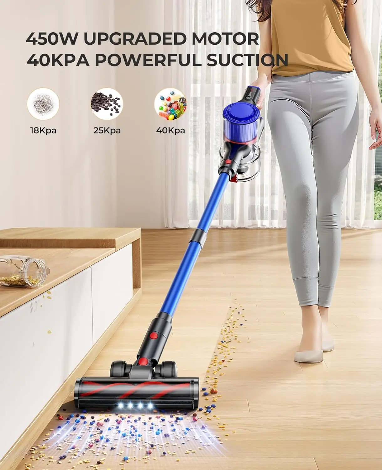 Cordless Vacuum Cleaner 40Kpa, 450W Stick Vacuum Cleaner, Up to 55 Mins Runtime, Self-standing Vacuum Cleaner , Hard Floor