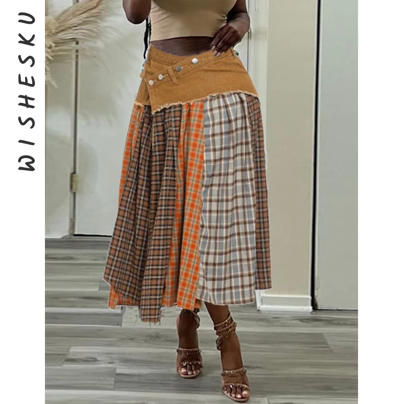 

Sexy Patchwork Denim Maxi Skirt A-line High Waist For Women Plaid Design Asymmetrical Long Skirts 2024 Spring Fall Fairy Grunge