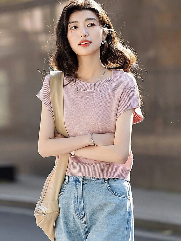 Modny, słodki top z dzianiny z jedwabiu lodowego, koreański styl, swobodny, okrągły dekolt, odzież damska, wyszczuplający, prosty krój, ort Sve