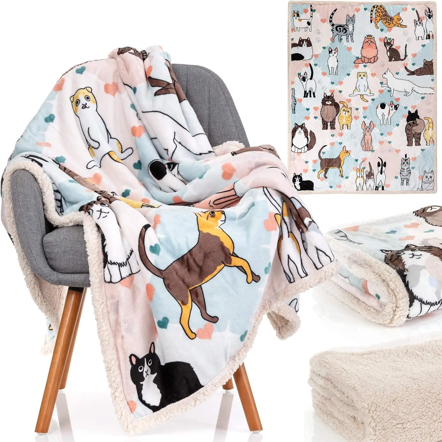 

50x60 Inch Cat Throw Blanket with 28 Adorable Felines, Soft Mink Fleece and Sherpa Back - Perfect Gift for Cat Lovers