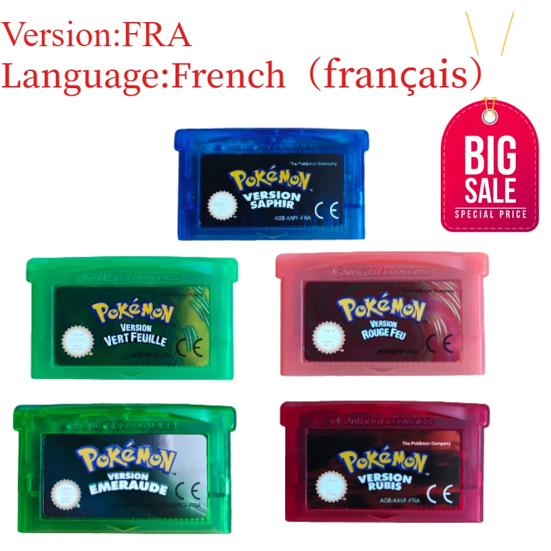 Cartouche de jeu vidéo 32 bits Pokémon version française édition spéciale Émeraude Rouge feu Vert feuille Rubis Saphir pour GBA