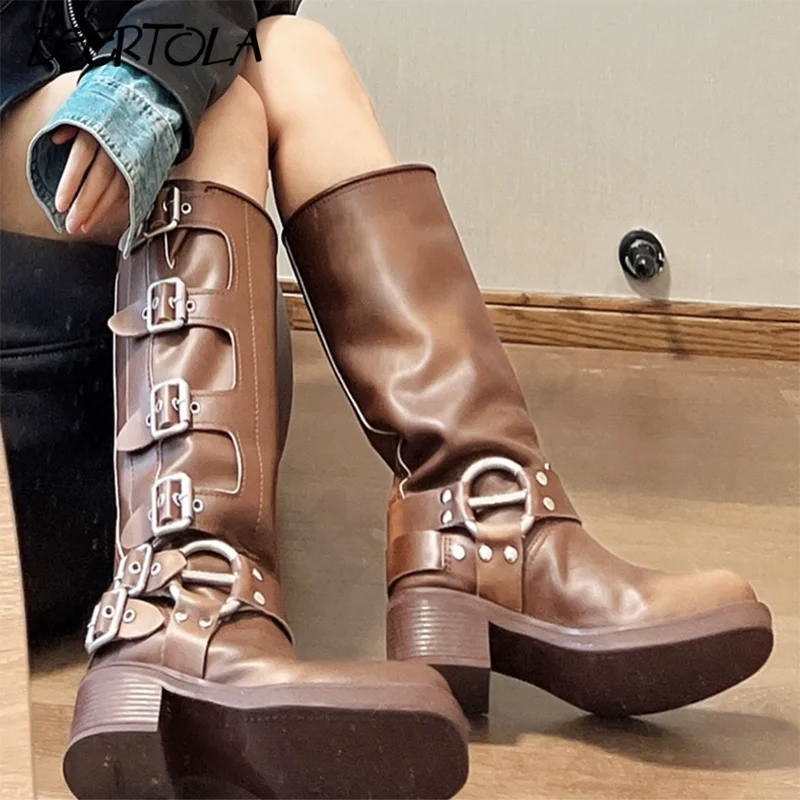 Women's Retro Western Boots Personalized Belt Casual Knee-High Boots Large Size Comfortable Everyday Women's Boots