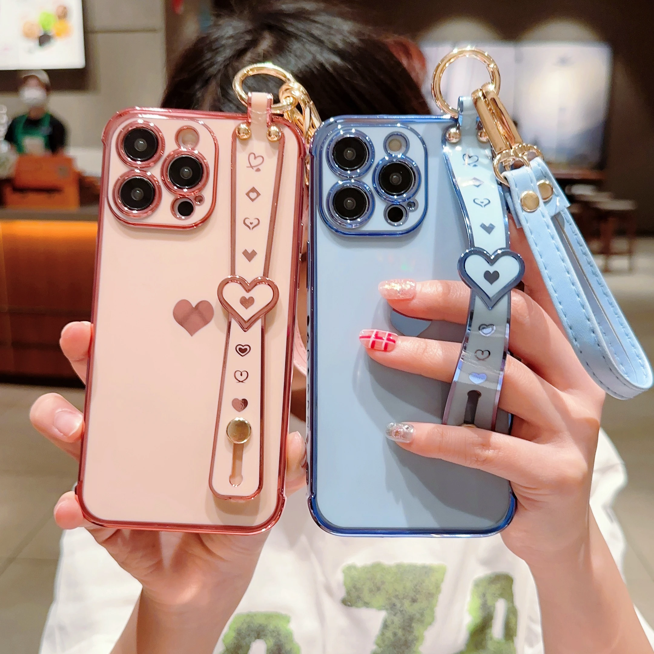 

Для iPhone 15 Pro Max Роскошный мягкий чехол с ремешком на запястье для iPhone 15 14 13 12 11 Xs Xr 16 Plus Nice Heart Frame Cover