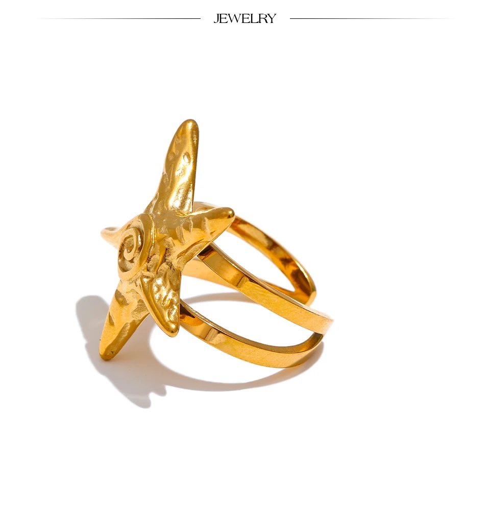 Yhpup 316L Stainless Steel Starfish Open Ring Adjustable 18K Gold PVD Plated Metal Summer Personalized Jewelry for Holiday