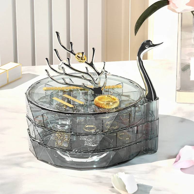 Swan 3-layer Rotating Jewelry Box Transparent Dustproof Large Capacity Earrings Bracelet Necklace Desktop Display Storage Box