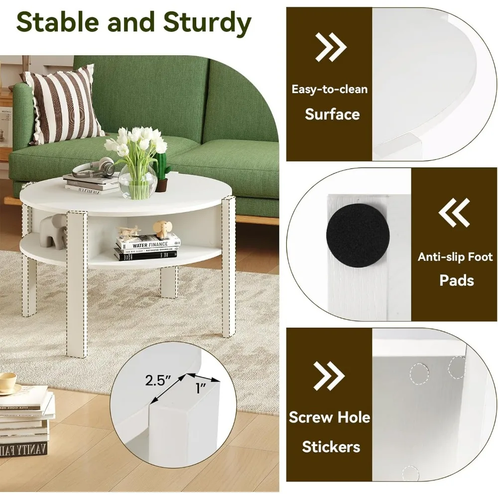 Round 2-Tier Mid Century Modern Coffee Table with Storage Shelves and Side Compartments, Wooden Center, Cocktail Table Design