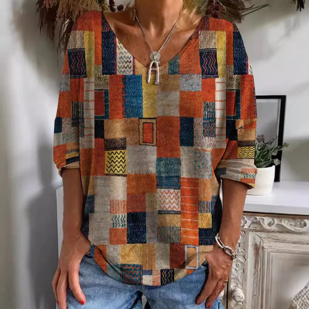 

Autumn New Fashion Long-Sleeved Women's T-Shirt Top V-Neck Casual Loose Streaks Printed Streetwear Women Pullover T Shirts