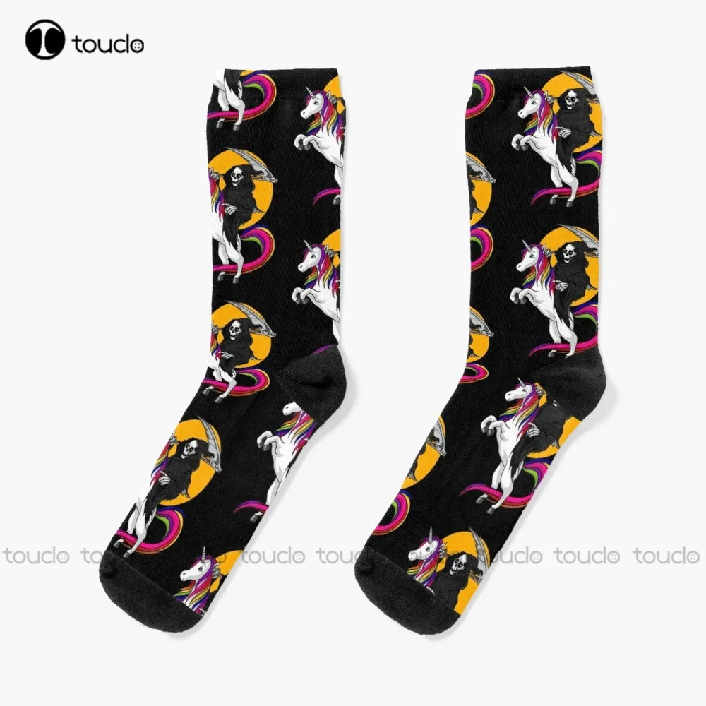 Grim Reaper Riding Unicorn Socks Halloween White Long Socks 360° Digital Print Design Happy Cute Socks  Creative Funny Socks Art