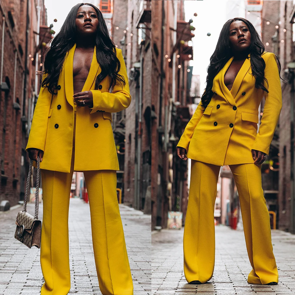 Women Office Wear With Full Sleeve Double Breasted Pockets Blazer Coat Flare Pants Casual Business Style Female Two Piece Sets