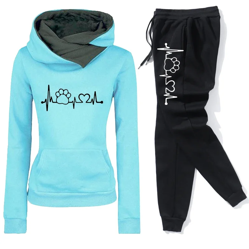 

Womens Tracksuit Trend Double Neck Hoodies+Black Sweatpants 2 Piece Set Print Casual Sweatshirts Suit AutumnWinter Warm Clothing