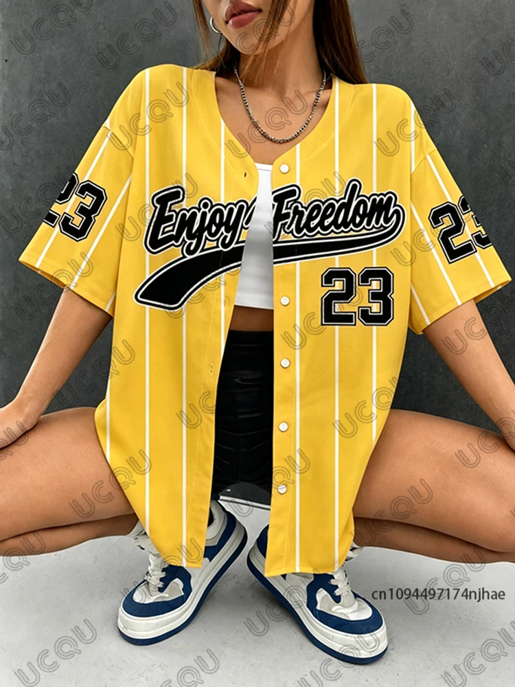 2026 Sommer Neu Retro Schwarz Enjoy Freedom 23 Print Bluse Damen Streetwear Baseball-Shirt Hip Hop Kurzarm Button-Up Oberteil – Detail 4