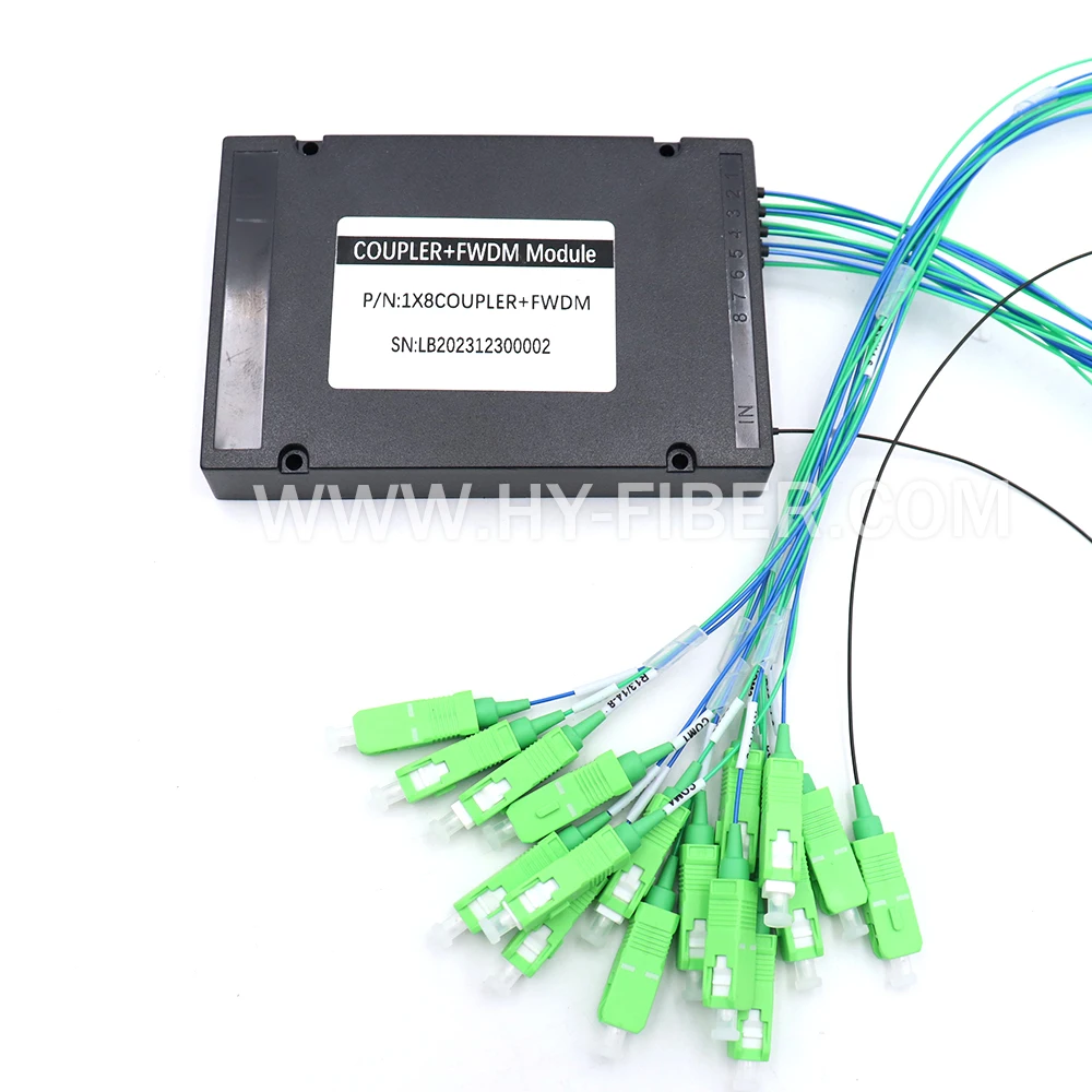 مقسم بصري من الألياف عالي الطاقة، 1 × 8، نافذة واحدة 1550، كابل 0.9 مم، SC/APC مع FWDM بدون FWDM #2