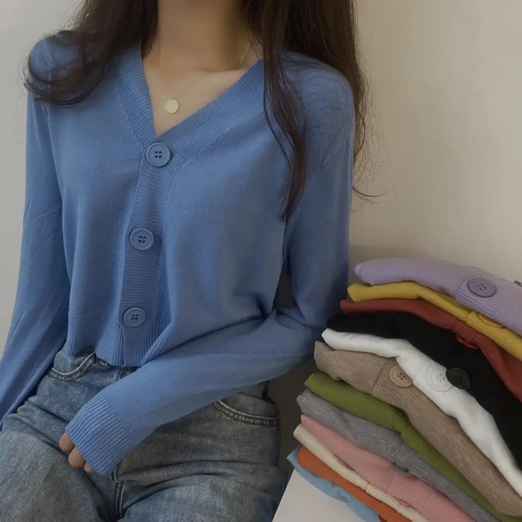 Women's Fall Winter Outer Solid Color Cardigan Long-sleeved Short Knitted Tops Ladies Button V-neck Pullover Sweater 2025