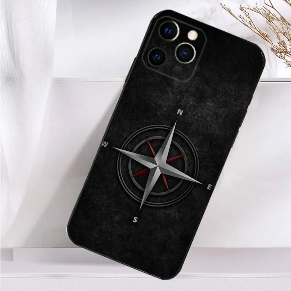 حافظة هاتف بوصلة فنية جغرافيا لهاتف آيفون 16,15,14,13,12,11 Plus,Pro Max,XS,X,XR,SE,Mini,8,7 غطاء أسود من السيليكون الناعم #5