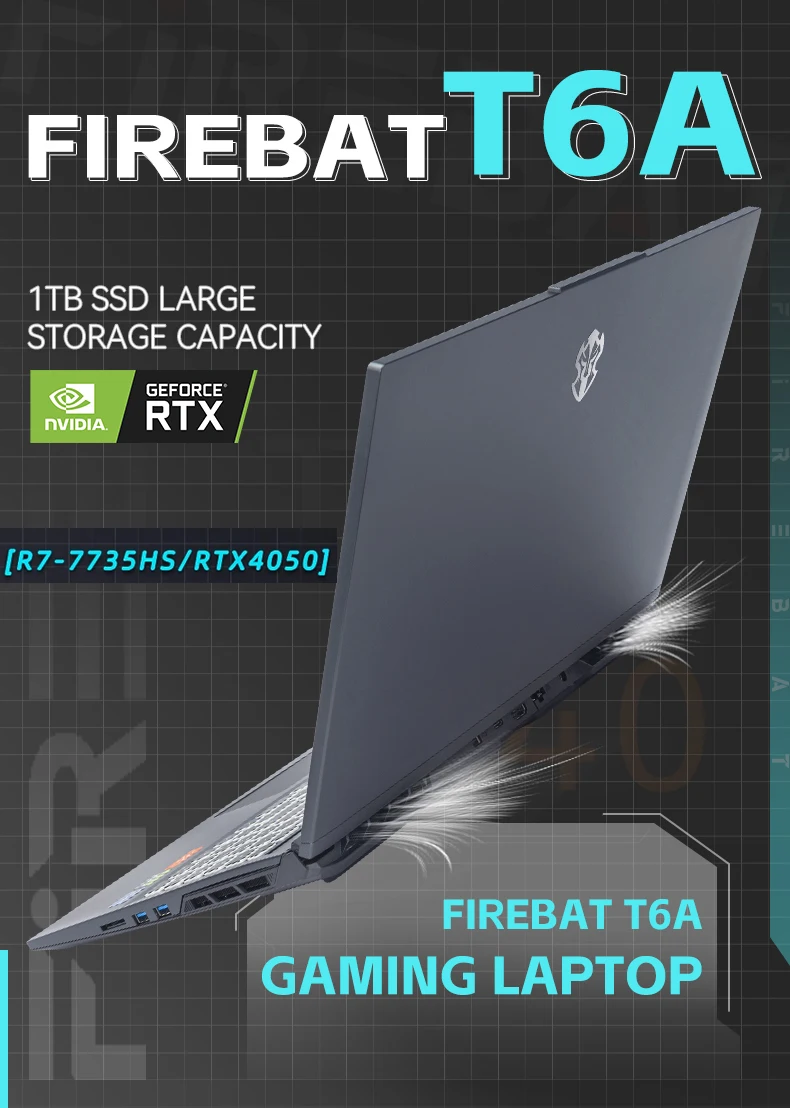 FIREBAT T6A 16-дюймовый AMD R7-7735HS RTX 4050 DDR5 32 ГБ ОЗУ M.2 1 ТБ SSD 165 Гц 2,5 КБ Wi-Fi6 BT5.1 Игровой геймерский ноутбук