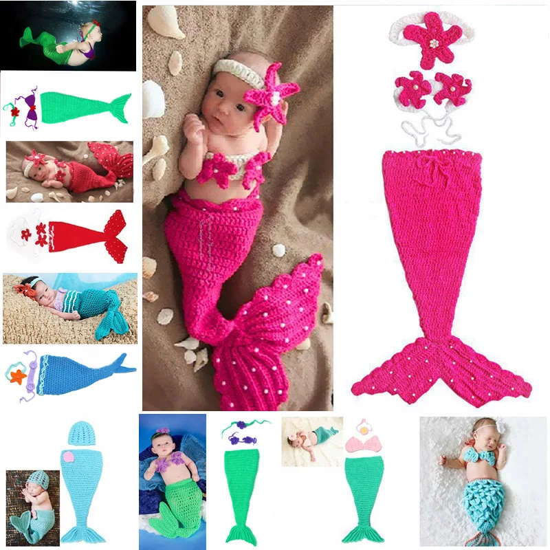 New Born Photography Props Baby Crochet Mermaid Animal Costume Set Newborn Photo Props Infant Knitted Pearl Cocoon Headbands