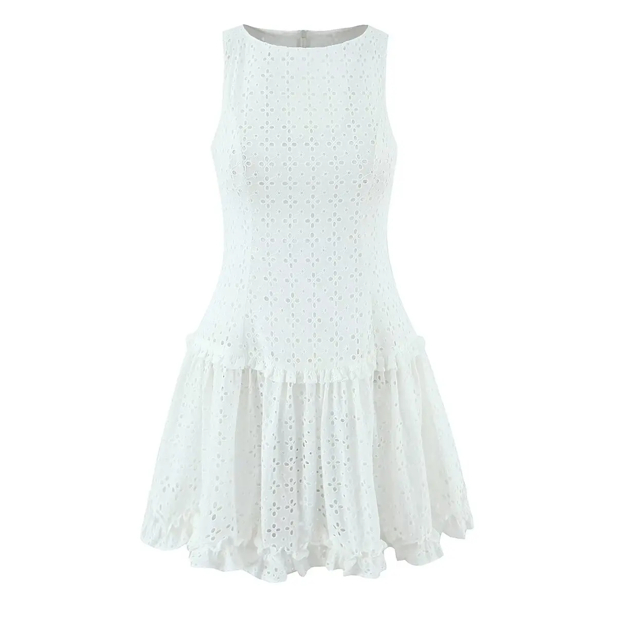 

Женское модное хлопковое платье без рукавов, женское белое мини-платье с вышивкой, повседневное летнее платье с круглым вырезом и рюшами для отпуска NPSQ
