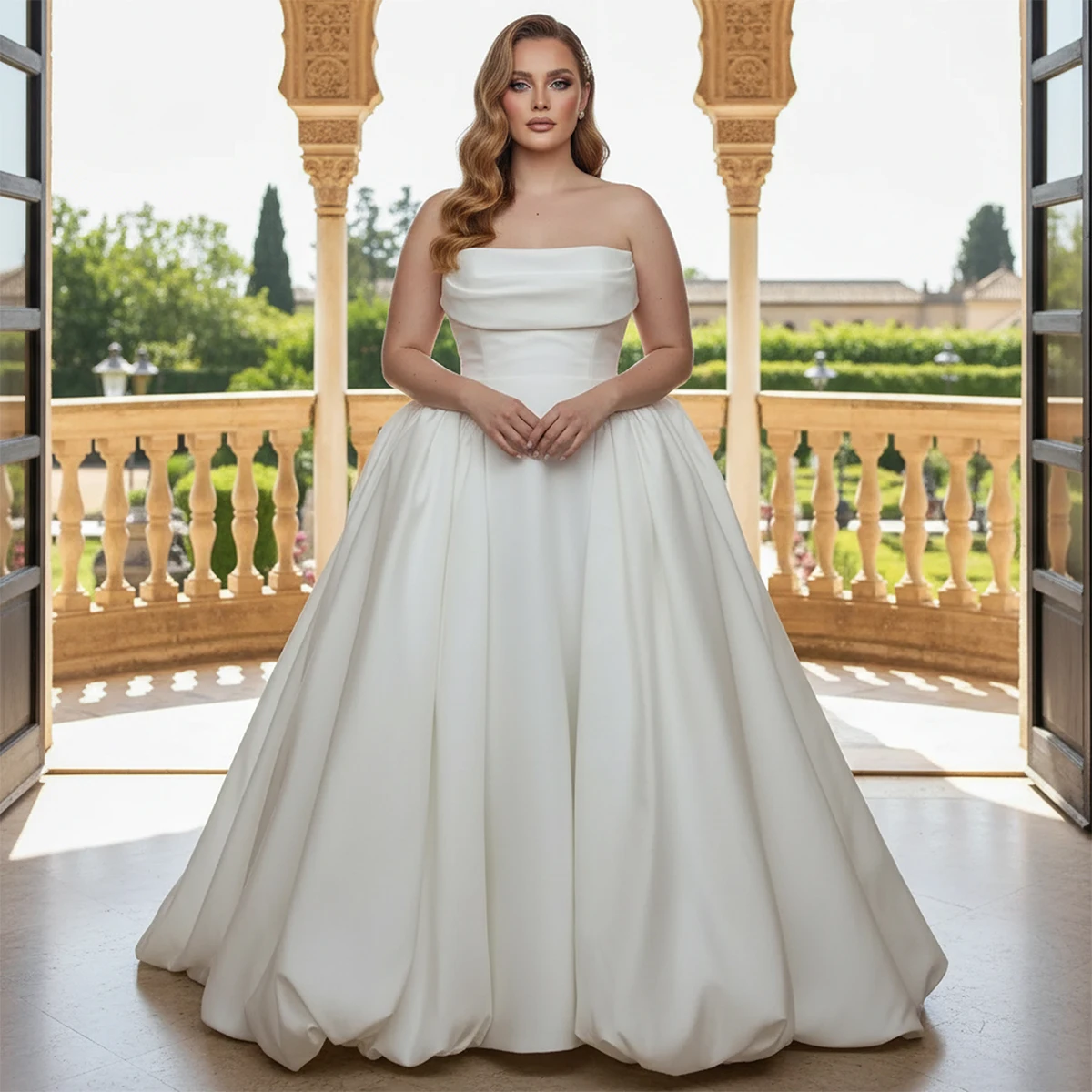 

Simple Long Strapless Pleated Wedding Dresses For Train Satin A Line Vestidos de novia Bridal Party Gown For Bride
