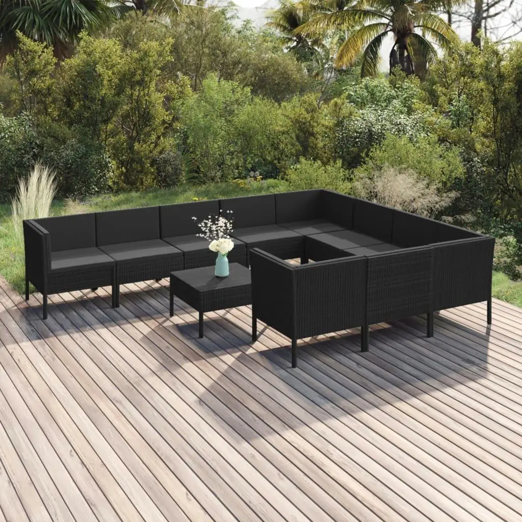 11PCS Black Poly Rattan Patio Lounge Set with Cushions - Elegant Outdoor Furniture