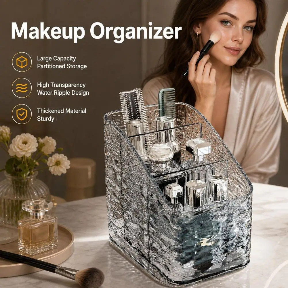 Makeup Organizer Clear Acrylic Cosmetic Storage Box Partitioned Desk Vanity Skincare Countertop Lipstick Brush Display Holder