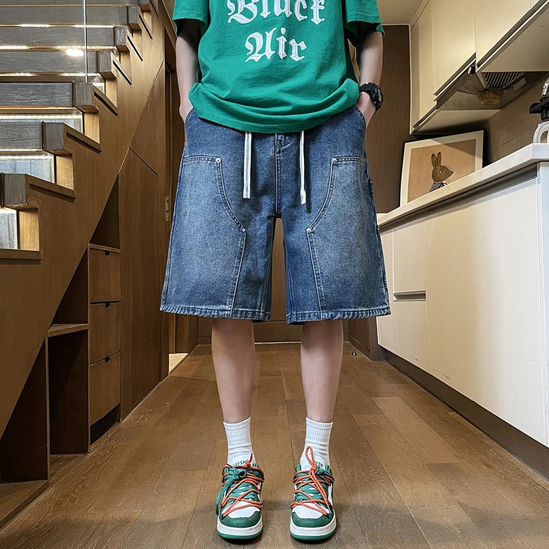 남성용 아메리칸 스타일 멀티 포켓 작업복 데님 반바지, 신축성 드로스트링 허리, 느슨한 스트레이트 레그 5 바지