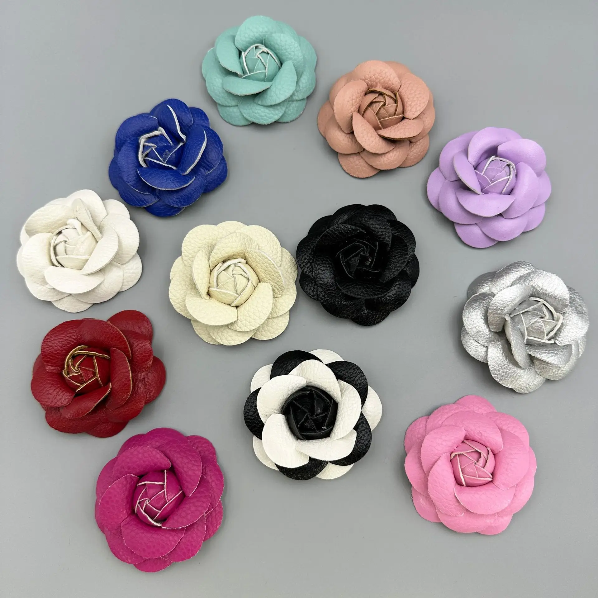 Wholesale 15pc 6.5cm Lichee Pattern PU ;leather Flower Bud Multi-color Camellia Flower Apparel Shoes Bag DIY Hair Accessories