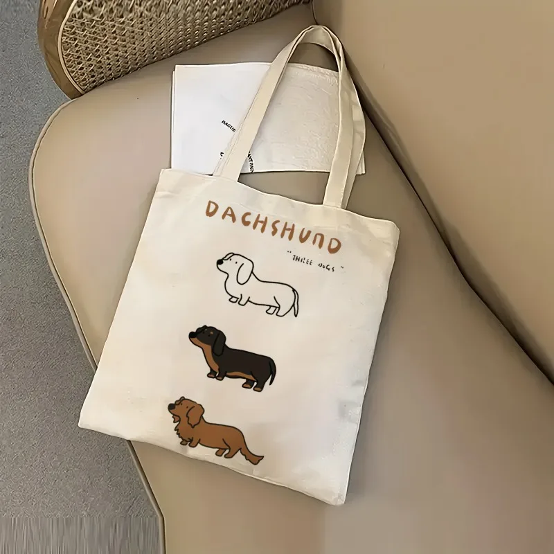 Dachshund Three Canvas Tote Bag Cute Silly Sausage Dog Casual Large Food Daily Shopping Bag Multi-purpose Storage Bags Good Gift