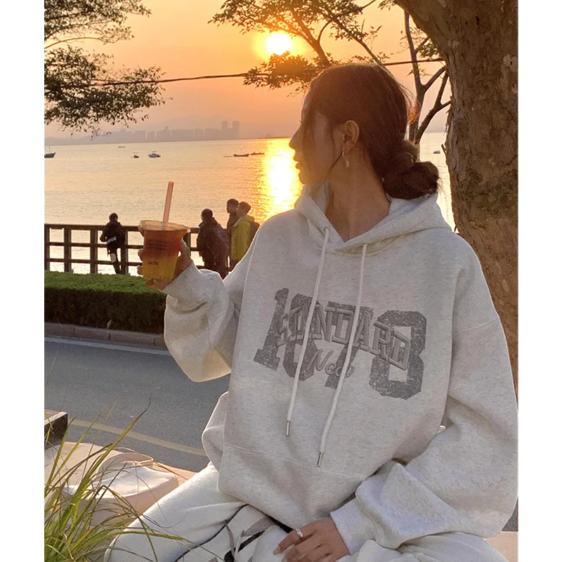 Women's Clothing Light Grey Hoodie Letter Embroidery Drawstring Sweatshirt  Korean Fashion Leisure Winter New Tops Pullover