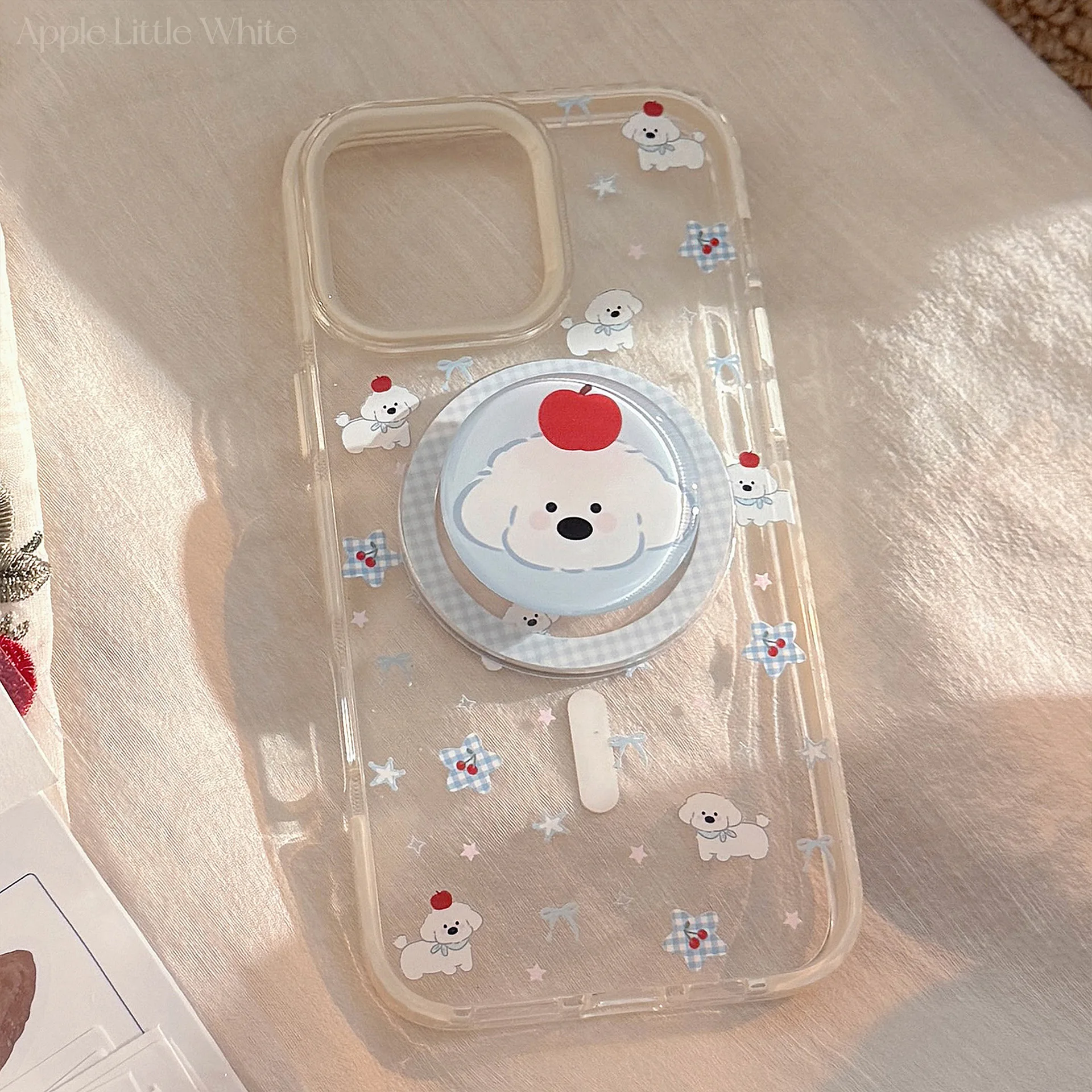 Koreanische süße Cartoon-Gitter-Welpen-Halterung, magnetische Handyhülle für iPhone 17, 16, 15, 14, 13, 12, Pro Max, transparente, stoßfeste Abdeckung