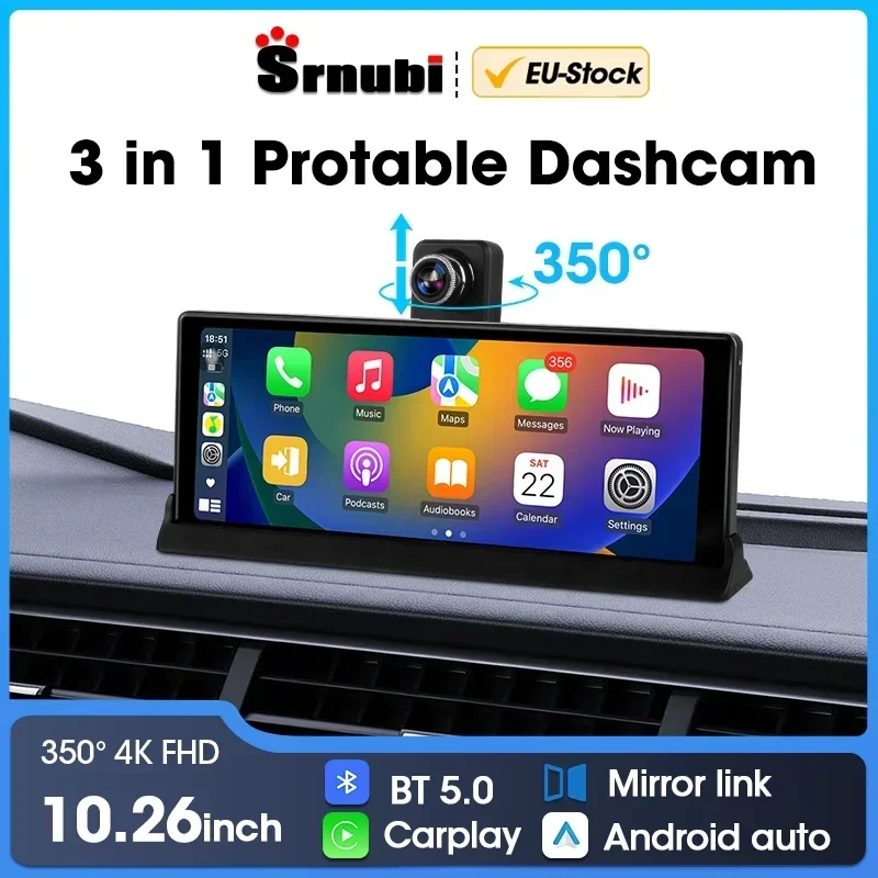 Srnubi 10,26" 4K Coche Dvr Carplay Android Auto 350 °   Cámara de camión Dashcam de doble lente con rotación, grabadora de conducción GPS WIFI FM BT