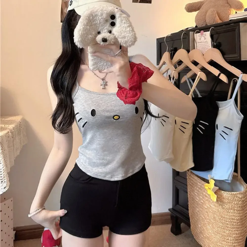 

Cute Hello Kitty Embroidered Suspender Summer Vest for Women Sanrio Cute Slim Fit Short Style New Tops Hot Girls with Breast Pad