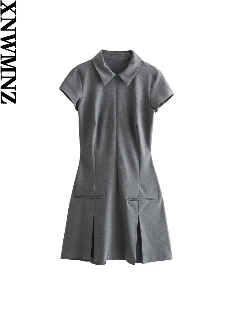 XNWMNZ 2024 Women's Fashion Box Pleat Short Dress Women High Street Shirt Collar Zip Short Sleeve False Pockets Female Dresses