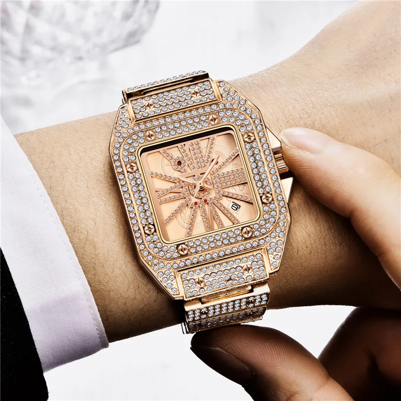 Montre Homme Original Brand Watches For Men Hip Hop Diamond Golden Fashion Alloy Band Date Quartz Watch Relogio Masculino Silver