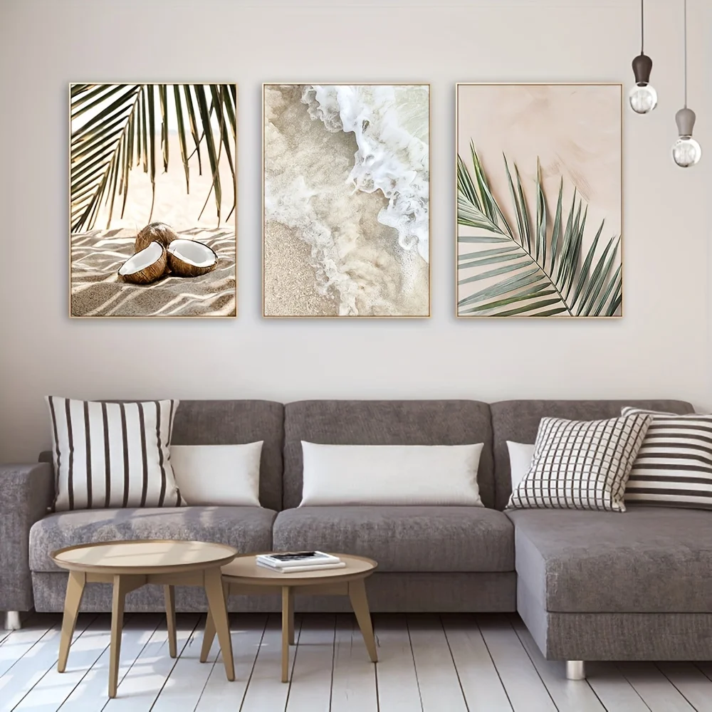 3PCS Frameless Seascape Poster White Waves Beach Palm Leaves Coconut Canvas Painting Landscape Picture Wall Art Decor for Home