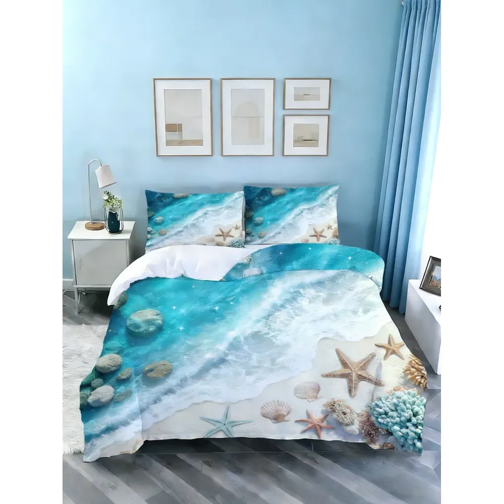 

Ocean Theme Printed Duvet Cover Set 1 Duvet Cover 2 Pillow Shams, Comforter Not Included, Beach Pattern Bedding Set, Unisex, Su
