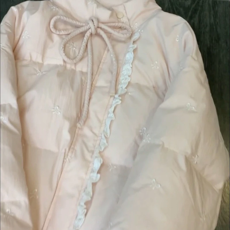 Sweet Bow Embroidery Parka Women Cute Bow Lace Up Mock Neck Loose Padded Coat Winter Lace Patchwork Soft Warm Zipper Outwear New