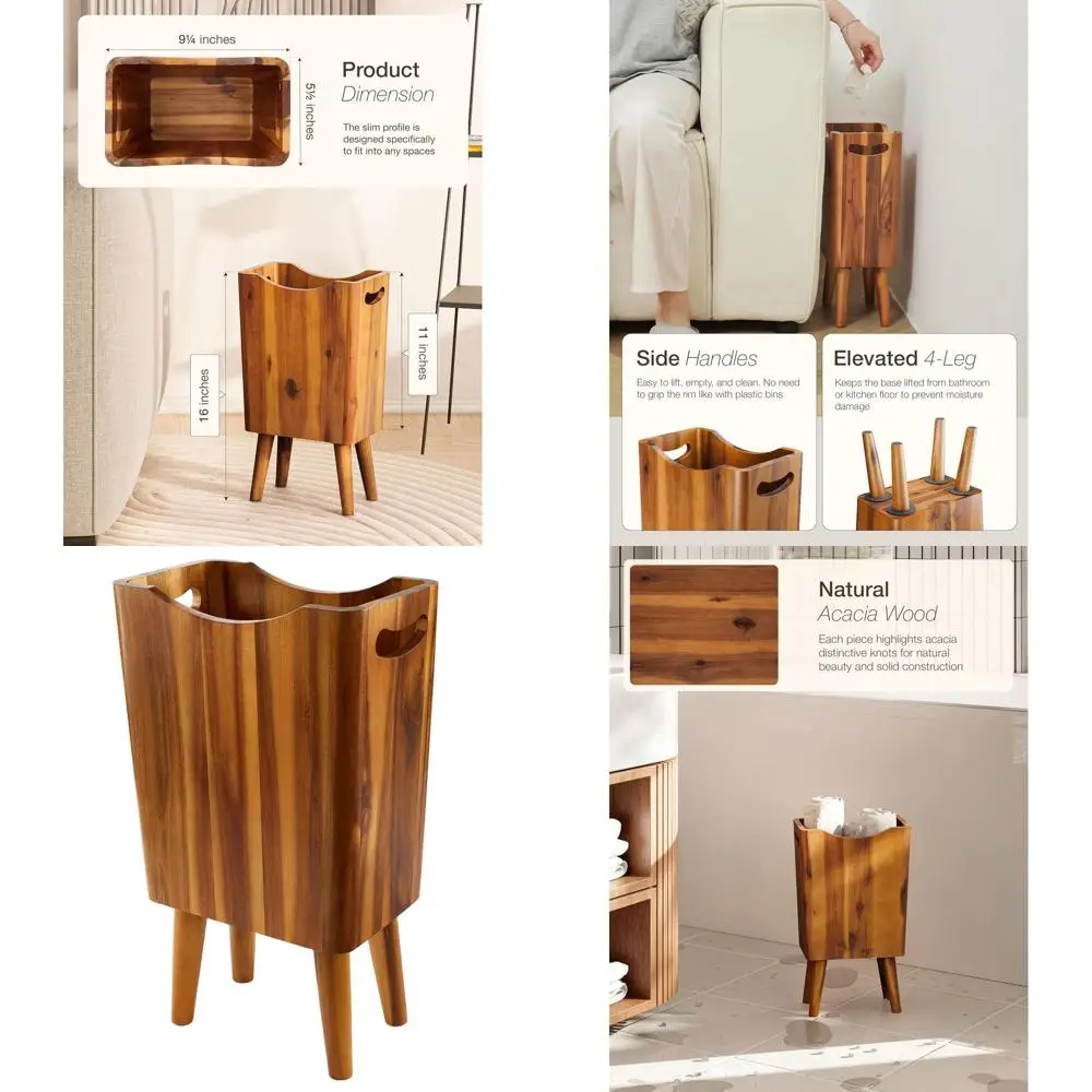 

Acacia Wood 4-Legged Trash Bin - Small Wastebasket for Home & Office, Decorative Bathroom Accessory